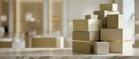Stacked cardboard boxes arranged in pyramid formation on marble surface with blurred office background, representing shipping, logistics, storage, and warehouse management solutions.