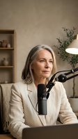 Mature Caucasian woman with gray hair recording a podcast in a cozy home studio, sitting at a desk with a professional microphone.