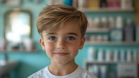 Young boy with blue eyes and stylish haircut wearing white t-shirt against blurred turquoise background of store shelves.