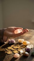 Hand holding glowing orb above healing crystals and golden coins on wooden surface with warm sunlight for spiritual wellness and abundance.