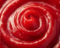 Vibrant red spiral swirl of smooth ketchup sauce captured in extreme macro photography showing detailed texture and glossy surface. Suitable for food industry use.