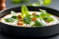 Creamy white soup garnished with fresh basil leaves and cherry tomatoes in black bowl, ready for restaurant menu or cooking blog content.