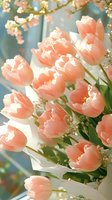 Delicate peach tulips with baby's breath in soft natural lighting, creating romantic spring atmosphere. Fresh floral arrangement showcases gentle petals and green stems.