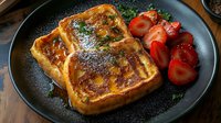 Golden-brown French toast dusted with powdered sugar served on dark plate with fresh sliced strawberries, garnished with herbs for breakfast or brunch.