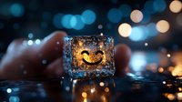 Glowing heart shape frozen in ice cube against blurred bokeh lights background, creating romantic winter atmosphere with warm and cold contrast.