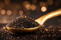 Black caviar on golden spoon with luxurious bokeh background, premium seafood delicacy close-up macro shot highlighting texture and shine of sturgeon roe.