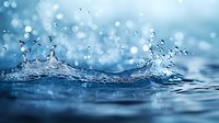 Dynamic water splash with droplets creating natural wave pattern against blurred blue background with bokeh effect and rippling surface motion.