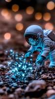 Astronaut discovering glowing blue crystals on alien surface with bokeh lights in background, creating magical sci-fi atmosphere for space exploration concept.