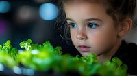 Young Caucasian girl with curious expression gazes intently at fresh green lettuce growing in modern hydroponic garden system, soft bokeh background creates dreamy atmosphere.
