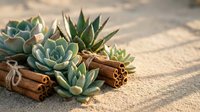 Succulent plants arrangement with cinnamon sticks on sandy surface creating natural spa wellness composition for home decor and botanical design projects.