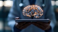 Glowing neural network brain hologram floating above smartphone screen held by hands, representing artificial intelligence and digital transformation in healthcare.