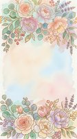 Soft watercolor floral border with pastel roses, peonies, lavender, and berries on a dreamy gradient background, perfect for cards and invitations.