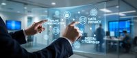 Business professional interacting with digital privacy interface displaying data protection, online communication and digital citizenship icons in modern office.