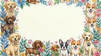 Watercolor frame with cute puppies of various breeds, flowers, paw prints, and hearts on white background, ready for text or design use.