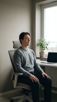 Young professional man meditating in modern office chair with eyes closed, taking mindful break from work at desk with laptop and plant by window.