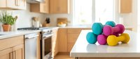 Colorful felt balls arranged on white kitchen counter with wooden cabinets and stainless steel appliances in blurred background. Craft and home decor.