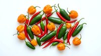 Mixed hot peppers including orange habaneros, red chilies, and green jalapenos arranged on white background for culinary and food styling projects.