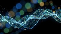 Flowing digital wave with sparkling particles and colorful bokeh lights on dark background for technology and data visualization concepts.
