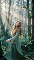 Young woman with long curly red hair in flowing green dress dancing peacefully in mystical forest with sunbeams filtering through moss-covered trees.
