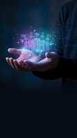 Businessman holding glowing digital server infrastructure with neon purple and cyan light effects, representing cloud computing, data management, and technology innovation.