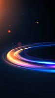 Glowing curved light trails with vibrant blue, purple and orange colors against dark background create dynamic motion effect for technology and space designs.