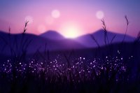 Purple twilight landscape with wildflowers and mountain silhouettes at sunset creating dreamy atmospheric scenery for nature backgrounds and meditation.