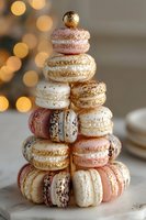 Festive macaron tower with pink, gold, and white cookies stacked in Christmas tree shape against blurred holiday lights background.