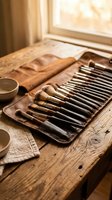 Professional woodworking chisel set in leather tool roll on rustic wooden workbench near window with warm natural lighting for traditional craftsmanship projects.