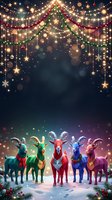 Colorful reindeer stand together in snowy landscape beneath festive garland, twinkling lights, and hanging ornaments. Holiday celebration scene with magical atmosphere for seasonal marketing and festive designs.