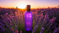 Purple glass bottle with cork stopper nestled among blooming lavender flowers at golden hour sunset. Natural aromatherapy and wellness concept.