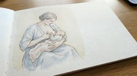 Tender watercolor sketch of mother breastfeeding newborn baby in soft pastel tones on textured paper, capturing intimate maternal bonding moment.