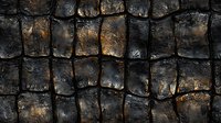 Weathered dark stone wall texture with rough rectangular blocks showing aged patina, cracks, and copper-colored highlights. Architectural background for design.