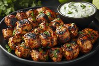 Grilled chicken meatballs with spicy marinade served on black plate with creamy yogurt sauce and fresh herbs garnish, close up view of appetizing party food.