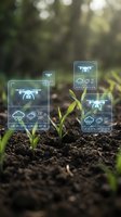 Smart agriculture technology with drone monitoring green seedlings in soil displaying weather data and GPS coordinates for precision farming applications.
