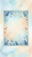 Watercolor cat border frame with celestial elements, stars, moons and paw prints on pastel background for pet-themed designs and stationery projects.