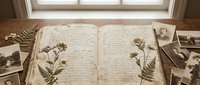 Vintage botanical journal with pressed flowers and ferns on aged pages surrounded by old sepia photographs creating nostalgic memories atmosphere.