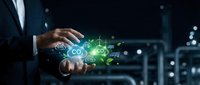 Businessman hands protecting green CO2 carbon dioxide emission icons with digital technology interface for environmental sustainability and climate change solutions.