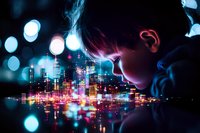 Young man gazing at vibrant neon cityscape reflection in water surface, dramatic night urban scene with bokeh lights creating dreamy atmospheric mood.