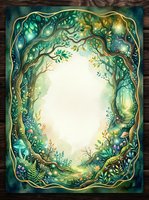 Enchanted forest frame with magical trees and golden light creating mystical oval border for fairy tale designs and fantasy storytelling projects.