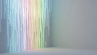 Colorful rainbow gradient curtain backdrop with flowing vertical lines in modern minimalist interior space for product display and presentation.