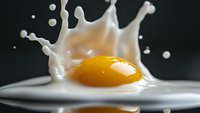 Raw egg yolk with white liquid splash crown effect on dark background, high-speed macro photography capturing dynamic food motion and reflection.