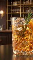Whiskey cocktail with ice cubes and rosemary garnish in crystal glass on bar counter with blurred shelves background for beverage and hospitality concepts.