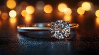 Solitaire diamond engagement ring with round brilliant cut stone on gold band against warm bokeh lights and dark surface.