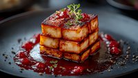 Layered pork belly with crispy caramelized top, served on black plate with red berry sauce, fresh herbs and decorative crumbs for fine dining presentation.