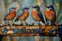Decorative mosaic birds perched on wooden welcome sign with stained glass effect, featuring blue and orange colors in artistic garden decor style.