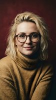 Young blonde woman with glasses wearing cozy turtleneck sweater smiling warmly against burgundy background for lifestyle and fashion content.