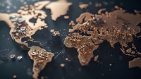 Bronze metallic world map on dark background with scattered glowing dots representing global connections and international network visualization.