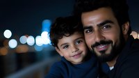 Middle Eastern father and young son share tender moment outdoors at night, illuminated by soft bokeh city lights in background, expressing family bonding and paternal love.