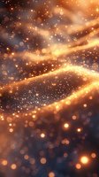 Abstract golden particles and light waves creating magical atmosphere against dark background, suitable for luxury designs and festive backgrounds.