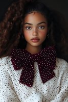 Young African American woman with curly hair wearing white knit sweater and burgundy polka dot bow tie, natural freckles and makeup against dark background.
